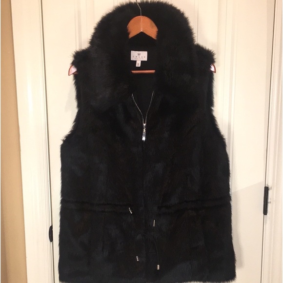 CHAUS NY  XL  BLACK FAUX FUR VEST ZIP FRONT WAIST TIES 2 Pockets Bottom Front - Picture 1 of 16